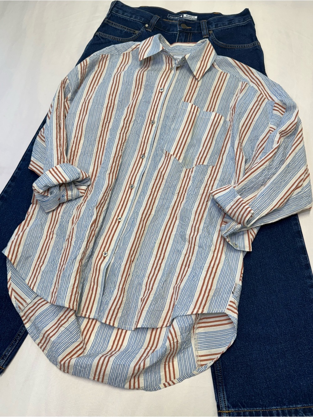 BDG Striped Button-Down Shirt in Blue & Brown